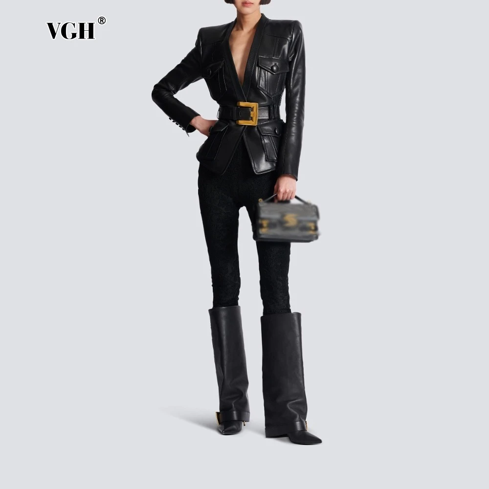 

VGH Fashionable Spliced Pu Leather Jacket for Women V Neck Shoulder Pad Long Sleeve Patchowrk Sashes Slimming Retro Coat Female