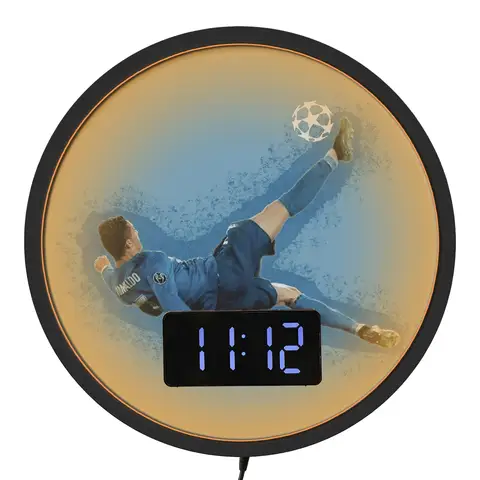 Football Bicycle Kick LED Digital Wall Clock with Temperature Calendar Date Alarm Snooze 12/24hr Format Night Light Wall Clock