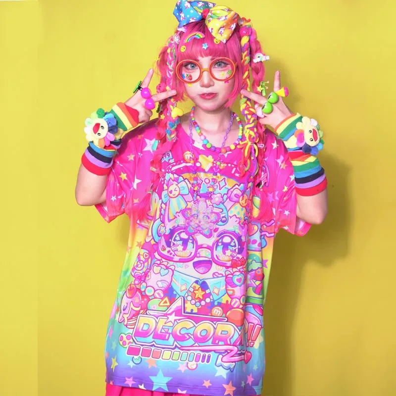 

Новая женская футболка с радужным эстетическим мультяшным принтом, цветной декор, Harajuku, милая девушка, Лолита, с коротким рукавом, Y2K, кавайные футболки
