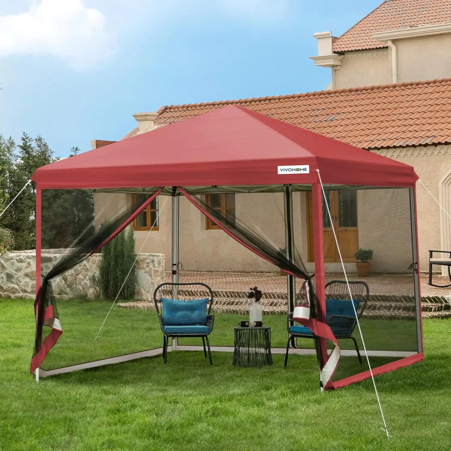 10x10ft Easy Pop-Up Screen Tent, Outdoor Canopy Tent with Mosquito Netting, 2 Zipper Doors, and Roller Bag for Yard Camping