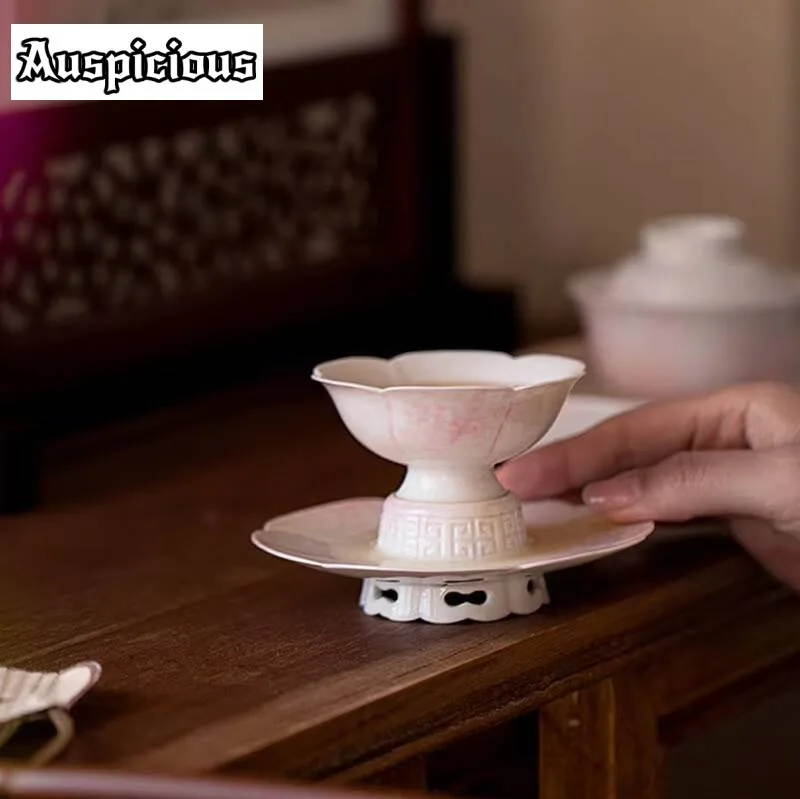 Pure Hand-painted Peach Powder Lotus Sunflower Mouth Tea Cup Household Ceramic Master Cup Single High Foot Tea Cup With Coaster