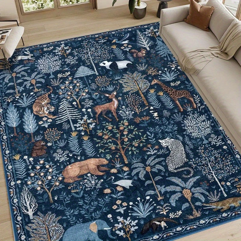 Enchanted Forest Blue Area Mat, Non-Slip & Machine Washable, Fairy Tale Design with Animals & Plants, Area Rugs Living Room