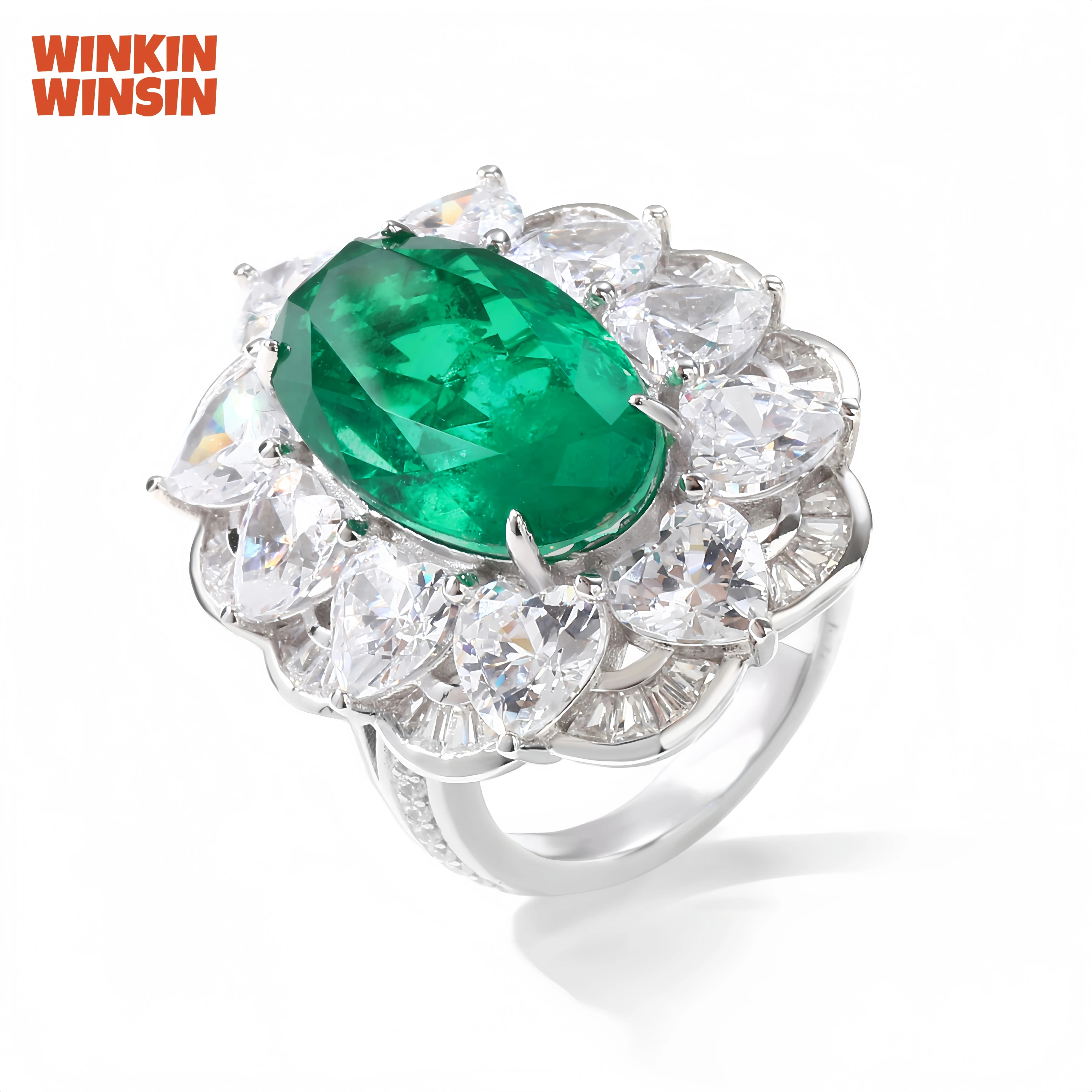 

WINKIN WINSIN Brand MST 925 Sterling Silver Lab Grown Gemstones Emerald Ring Lab Grown High Carbon Diamond Rings Jewelry