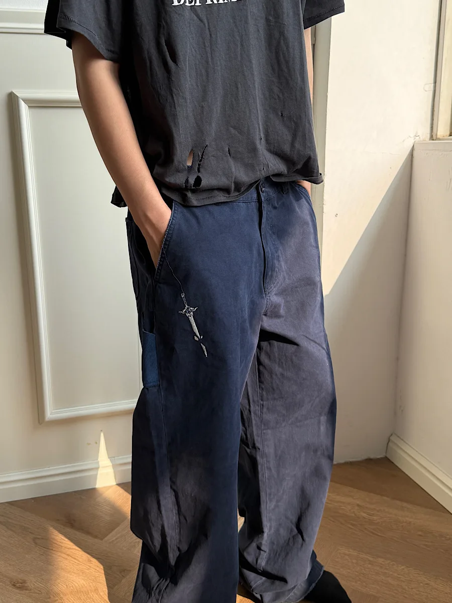 

Мужские джинсы свободного кроя с ручной вышивкой в стиле ретро, длинные брюки для пар в американском стиле, рабочая одежда, повседневные прямые брюки