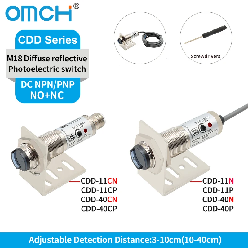 

OMCH CDD-11 CDD-40 Регулируемый вставной или кабельный диффузный светоотражающий фотоэлектрический датчик переключателя 3-10 см 10-40 см NPN PNP 24 В постоянного тока