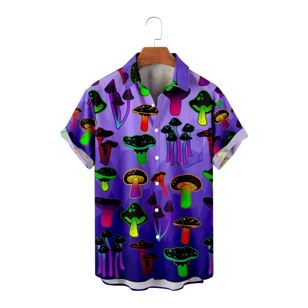 Hawaiian Shirts for Men Mushrooms Print Short Sleeve Shirts Cool Summer Purple Tops Creative Breathable