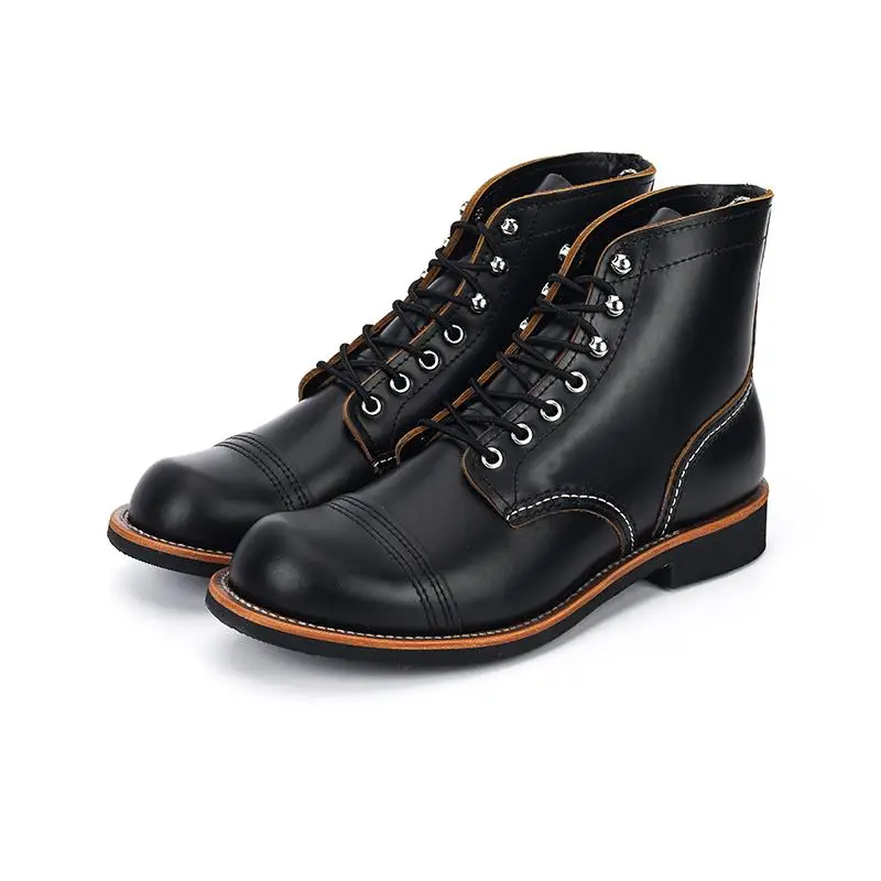 round Toe Work Shoes Mid-Top Motorcycle Genuine Leather Retro American Boots