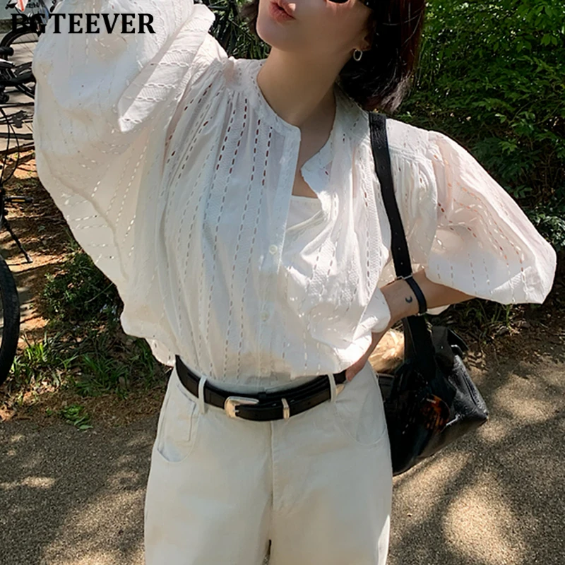 

BGTEEVER Stylish Loose Single-breasted Female Hollow Out White Shirts Summer Casual O-neck Half Sleeve Ladies Blouses Tops