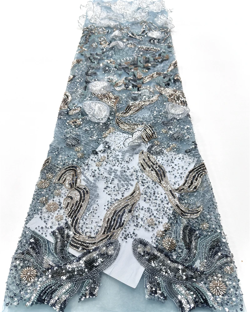 

Luxury French Mesh Lace Fabric with Beaded Sequins for African Nigerian Wedding Dresses Embroidery Sewing Material