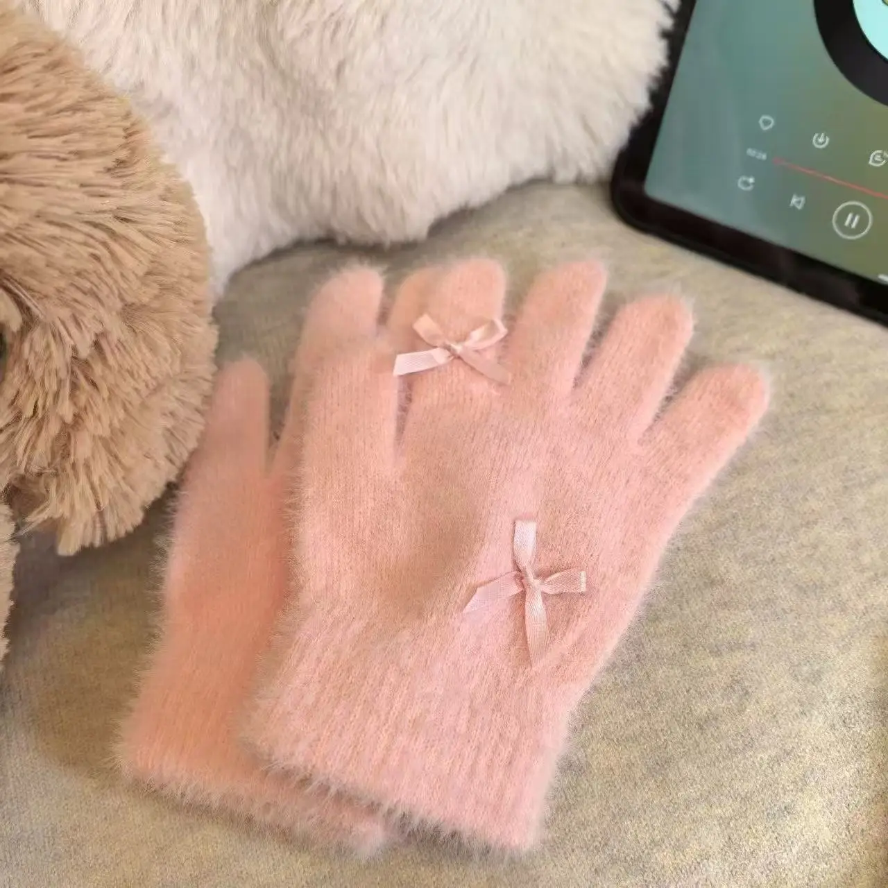 قفازات محبوكة بعقدة فراشة لطيفة للنساء في الشتاء، قفازات دافئة لركوب الدراجات مضادة للتجميد #6