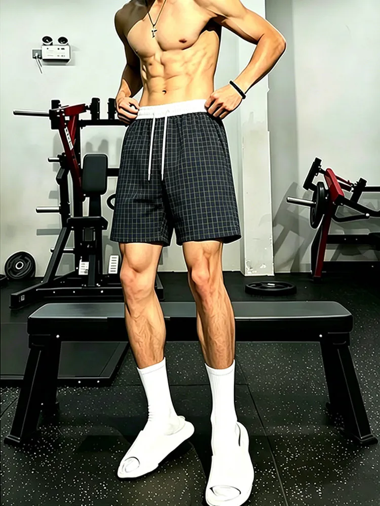 Retro Patchwork Waist Color Block Plaid Shorts Men's Summer Thin Sport Casual Five-Quarter Ice Silk Quick Dry Teenage Casual ...