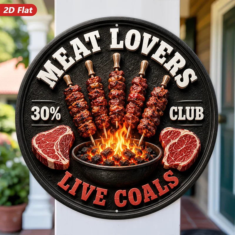 CIFBUY 2D Round Aluminum Wall Art Meat Lover BBQ Flame Club Sign Waterproof Durable Decor for Kitchen Restaurant Bar Indoor Outd