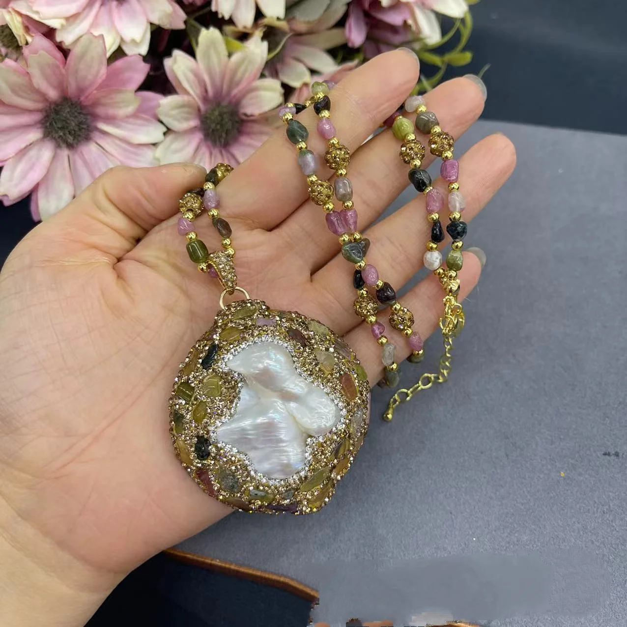 

Natural Irregular Shaped Baroque Pearl Pendant Necklace Earrings Rings Bracelet Set Colored Gemstone Long Sweater Chain Jewelry