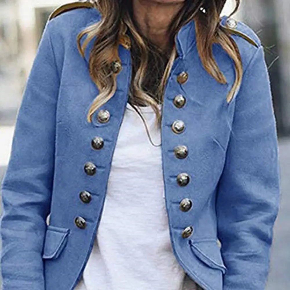 Women Coat Double Breasted Buttons Decor Long Sleeve Stand Collar Woolen Short Jacket Clothing