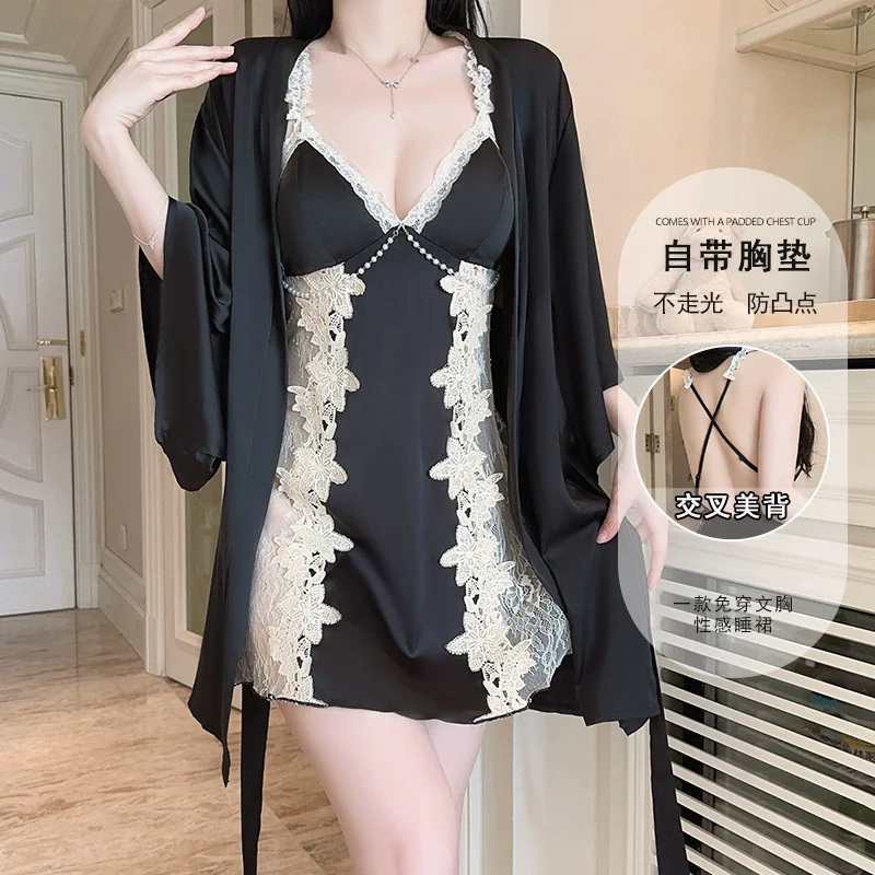 

Sexy Pajama Set Long Sleeve Robe With Belt Gathering Pajama Chest Pad Lace V Neck Slip Dress Women's Sleepwear
