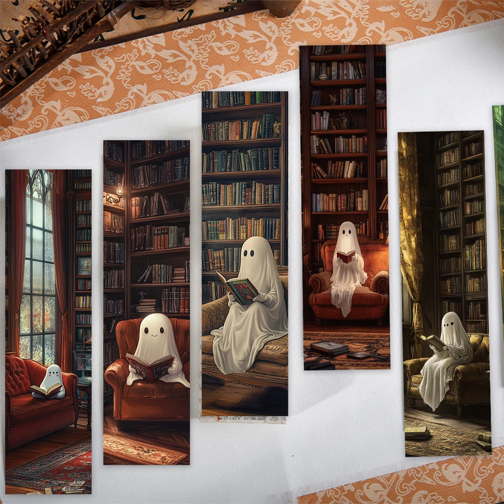 30PCS Ghost Reading at the Library Bookmarks Text to Read Marker Cards Handbook Decorative Student Reading Binder Student Gift