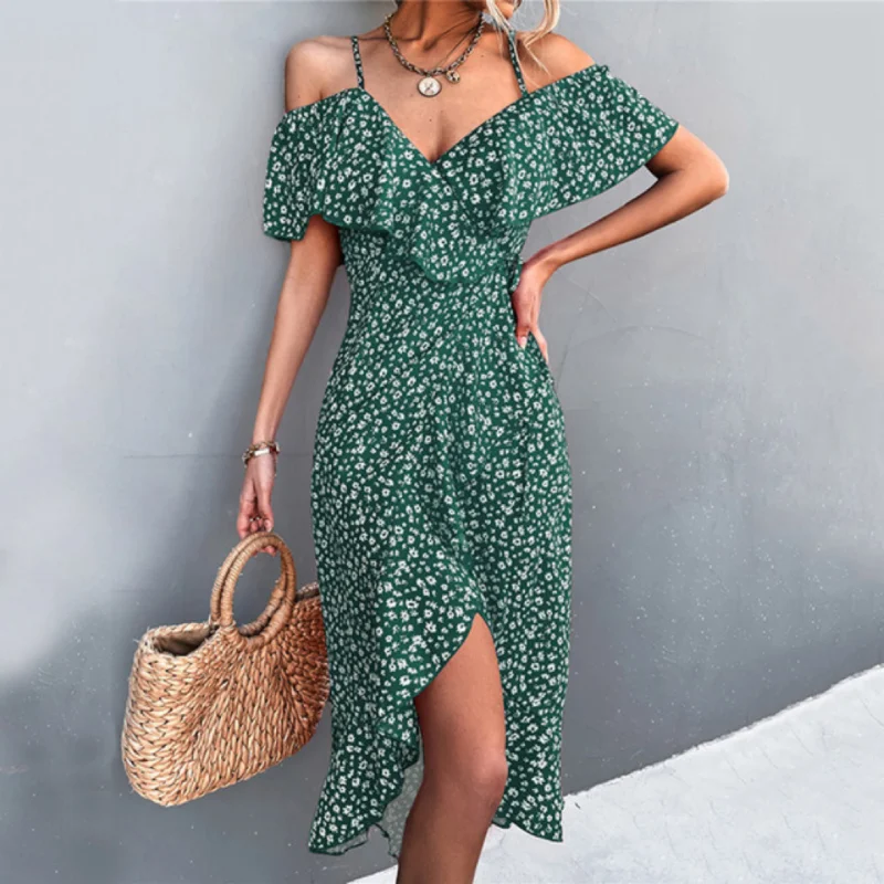 

Long Dress for Women, One Shoulder, Fragmented Flower Strap, Irregular, Green, Popular, New Product, Spring and Summer, 2024