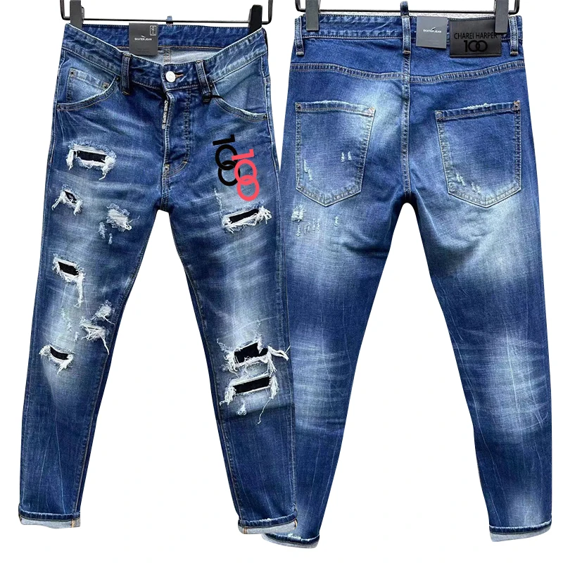 Men's jeans chareiha100 c050 Italian design washed hole patch stitching zipper decoration slim fit fashion blue punk rock pants