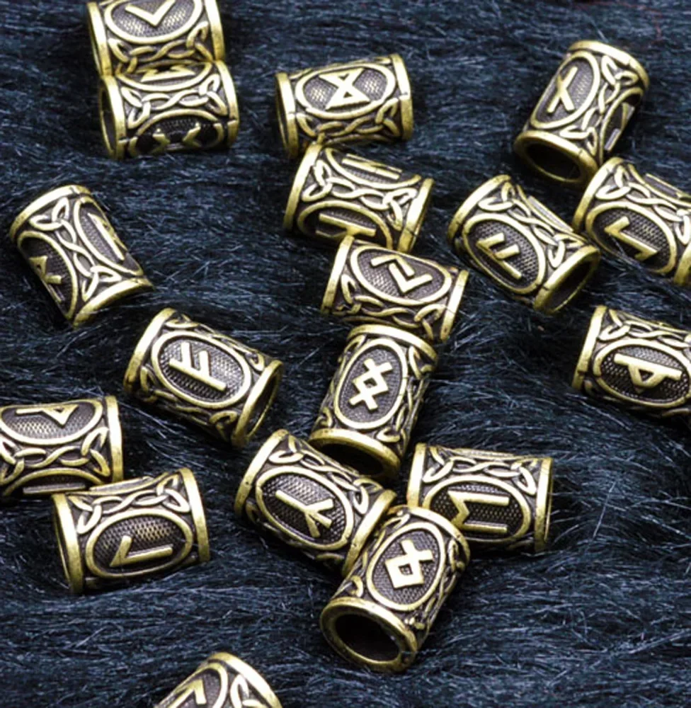 1Pcs Futhark Viking Rune Beads For DIY Bracelet Jewelry Making Accessories TIWAZ TYR Sol Beard Hair Charm Metal Tube Spacer Bead