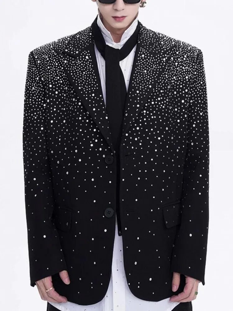 Fashion Mens Shiny Diamonds Studded Party Jacket Loose Fit Single Breasted Stage Show Casual Blazer Suit Coat Autumn New Outwear