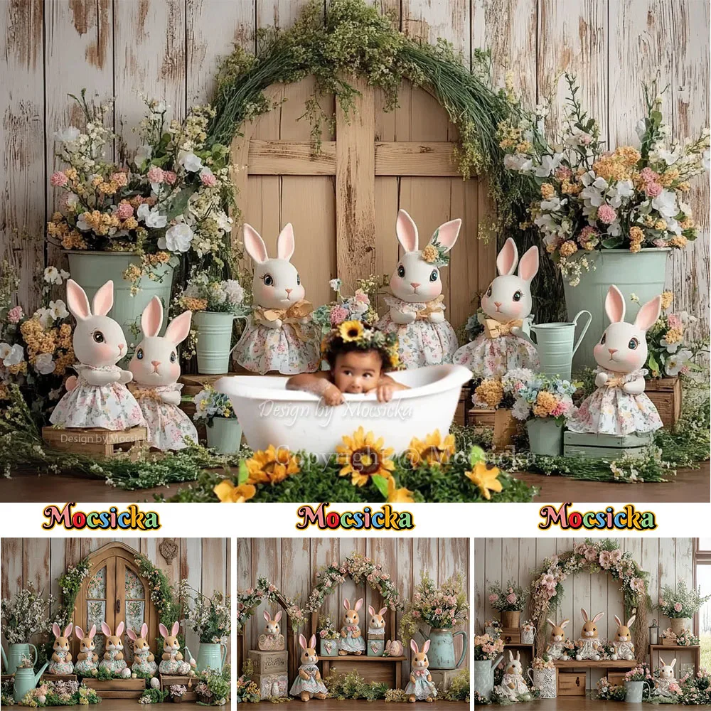 

Mocsicka Easter Baby Show Backdrop Photography Cute Bunny Doll Flower Wooden Backdrop Child 1st Birthday Portrait Photo Studio