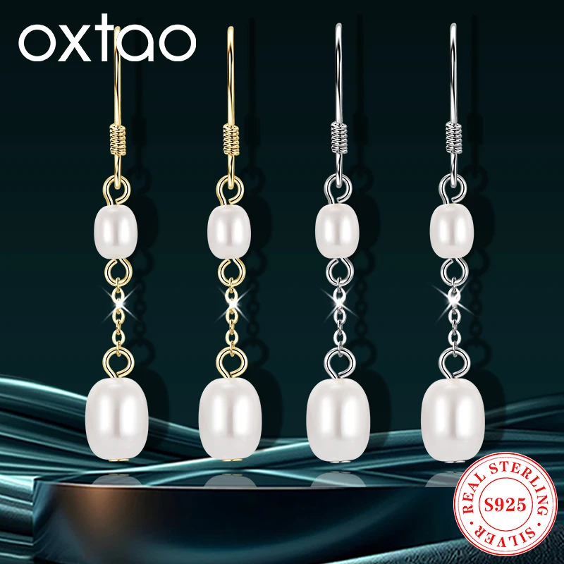 

OXTAO Dangle Long Tassel Pearl Earrings Oval 925 Sterling Silver Shell Bead Drop Hook Earrings Wedding Jewelry Anniversary Gifts