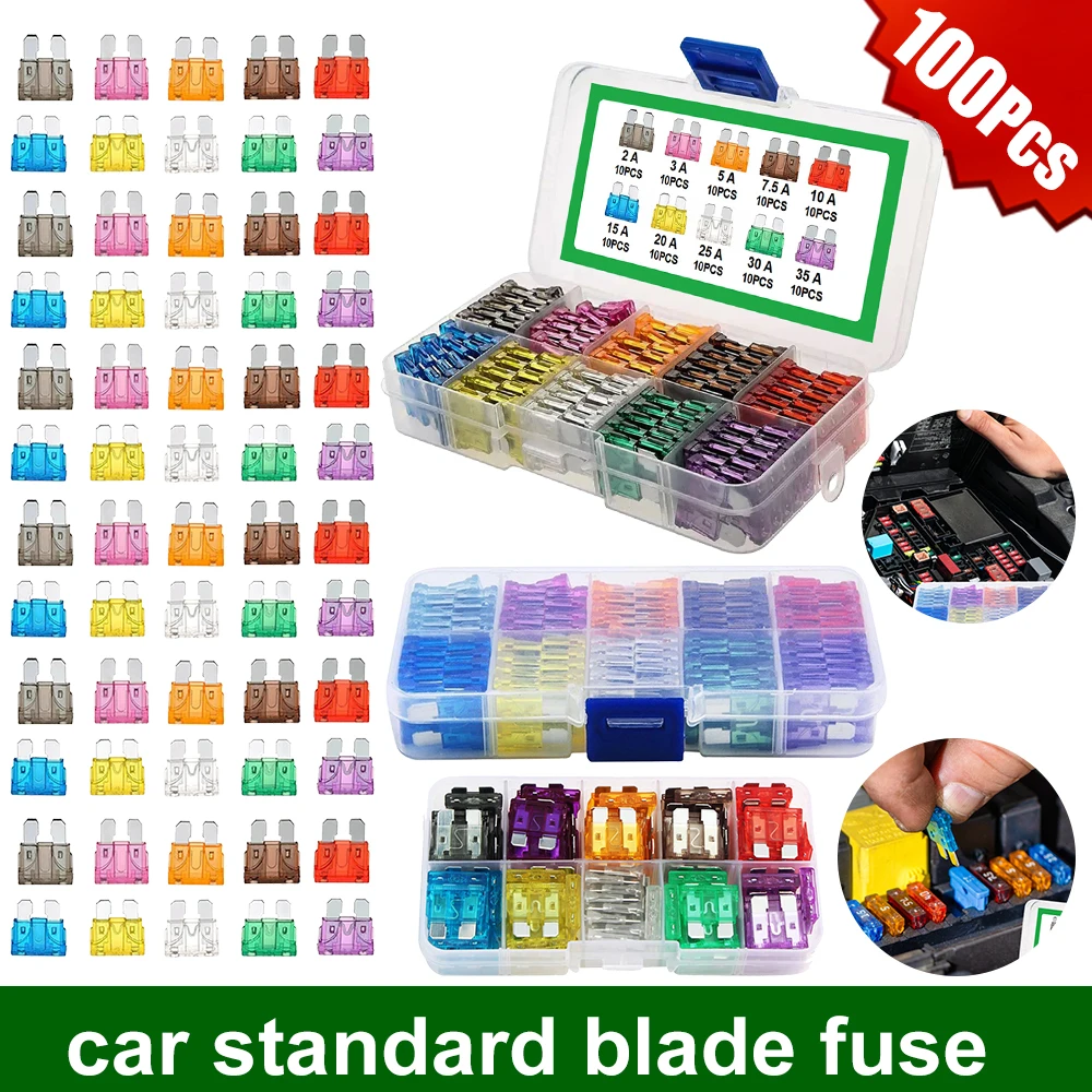 100Pcs Auto Truck Fuse Kit 2/3/5/7.5/10/15/20/25/30/35A Standard Blade Fuse Assortment Car Fuses Kit Assorted Car Relay Unit RV