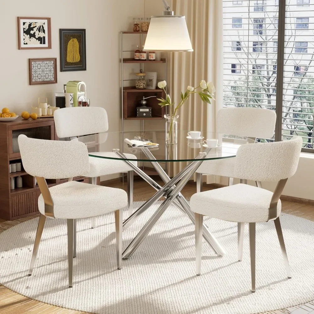 

5 PCS Dining Room Table Set, 47'' Round Tempered Glass Tables with 4 Boucle Dinings Chairs, Mid-Century Modern Dining Table Set