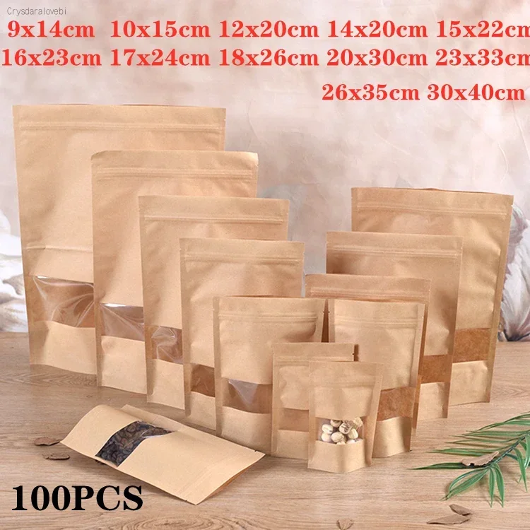 100PCS/ self-supporting ziplock bag kraft paper bag window zipper bag food packaging biscuit nut sealable stand open window bag