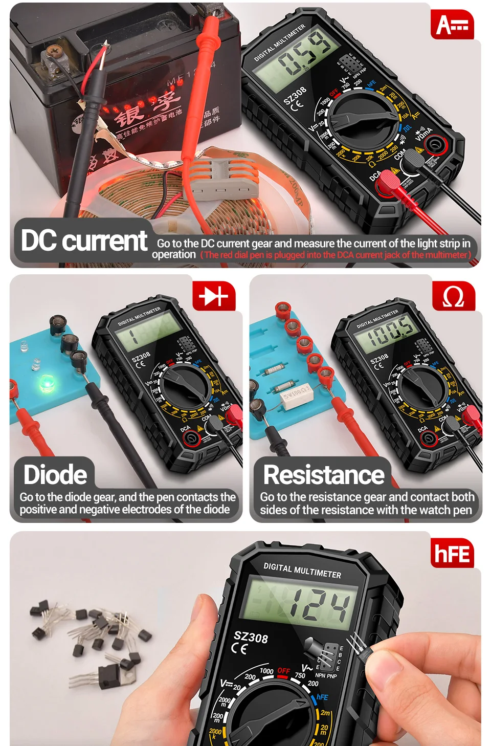 Digitales Multimeter, Rechteckwellen-Tester ANENG SZ308, Spannungs- und Widerstandsmessgerät, AC/DC-Strommessgerät, Elektriker-LCD-Hintergrundbeleuchtung, Ohmmeter-Werkzeug – Detail 14