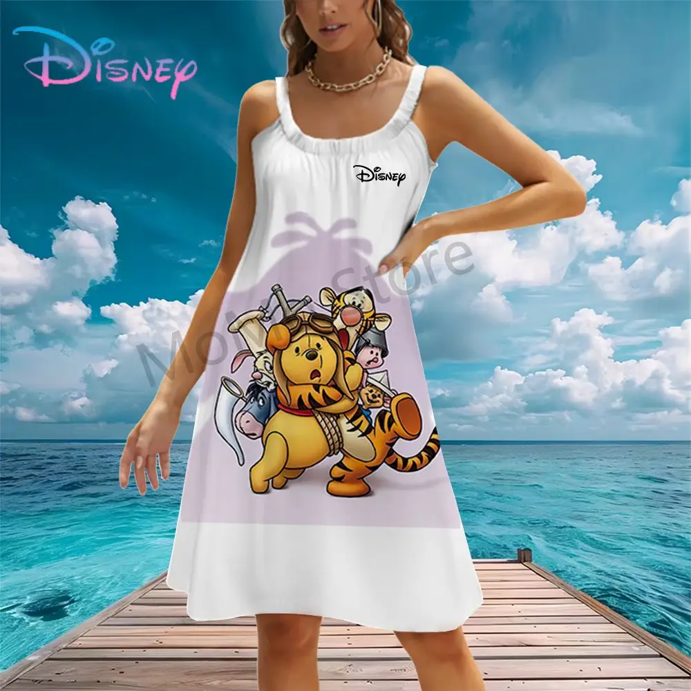 Kawaii Disney Winnie The Pooh Abiti da spiaggia da donna 2024 Y2k Boho S-3XL Abito senza maniche Per il tempo libero Estate Cuteore Sexy Sling 3D