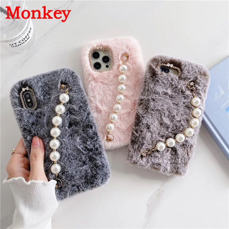Luxury Pearl Fluffy Plush Wrist Strap Silicone Cases For Redmi Note 10 Pro 10S 9 8 7 pro 9S 9T 8T 9A 9C 8A 7A Poco F3 X3 NFC M3