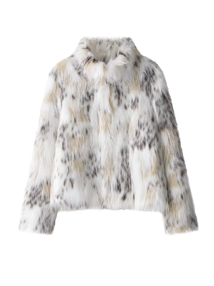 HH Mode Vrouwen Winter Nepbont Effect Jas Hoge Kraag Lange Mouwen Print Uitloper 2025, Vrouwelijke Warme Street Style Jas