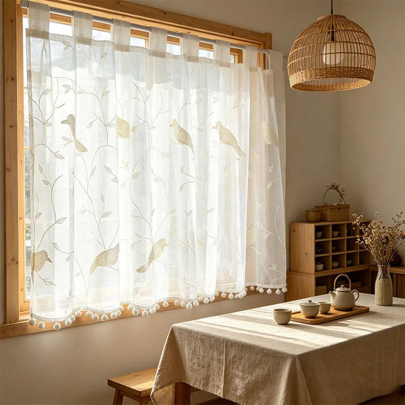 1pc Wabi-Sabi Cream White Sheer Curtain, Bird Branch Embroidery Half Tier Curtain with White Pom Pom Fringe