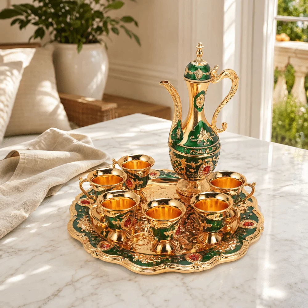 8PCS With 6 Cups Coffee Pot Set Gold Green Zinc Alloy Teapot Tea Service Set With Tray Gold Blue Turkish Tea Set For Birthday view 5
