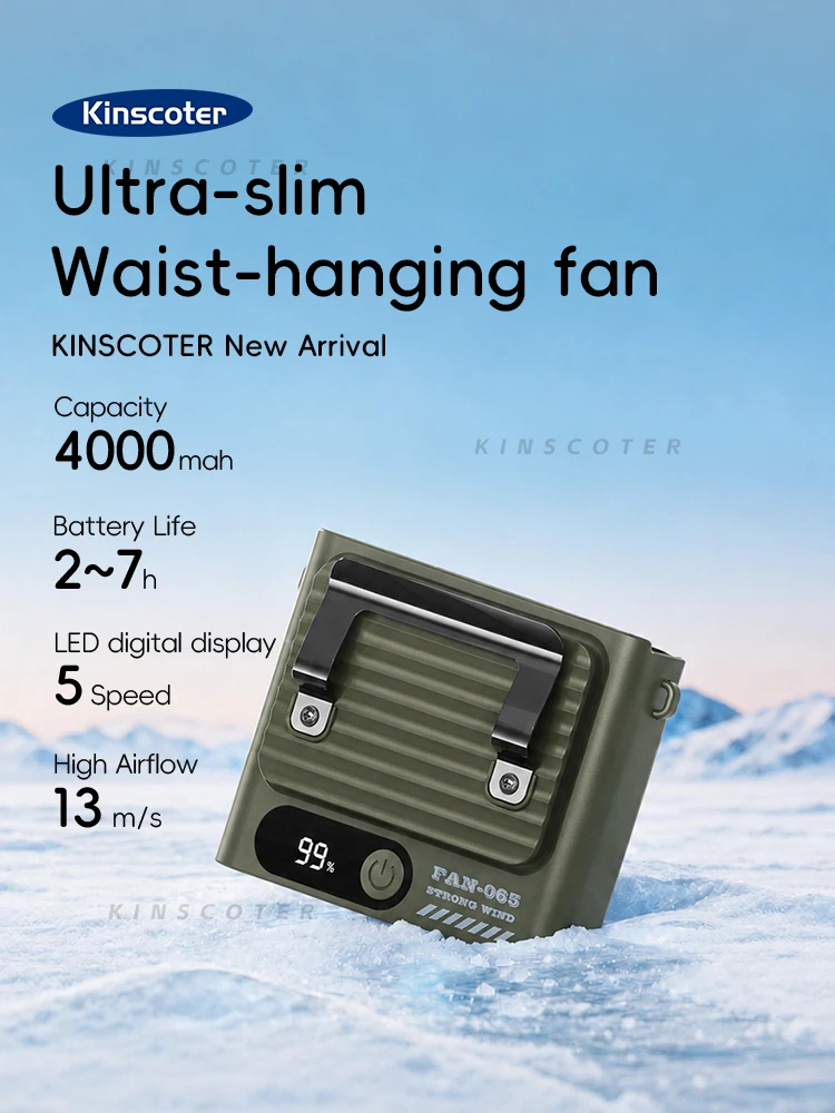 Kinscoter Ultraflacher Hüftventilator 4000mAh Mini-Kühlventilator 5 Geschwindigkeiten Tragbarer Aufladbarer Ventilator für Draußen mit Digitalanzeige