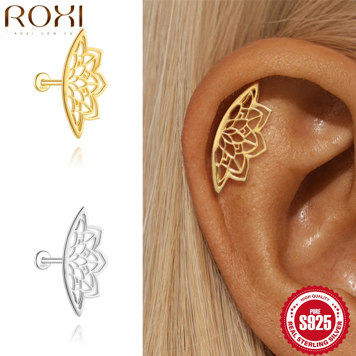 ROXI 1PC 925 Sterling Silver 1Piece Glossy  Hollow Lotus Piercing Stud Earrings for Woman Light Luxury Fashionable Daily Party