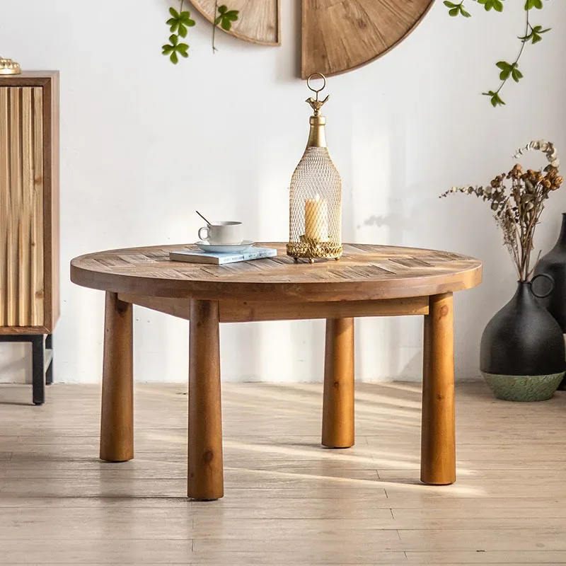 

Retro Round Solid Wood Tea Table Creative Low Table New Chinese Carpet Small Desk Set