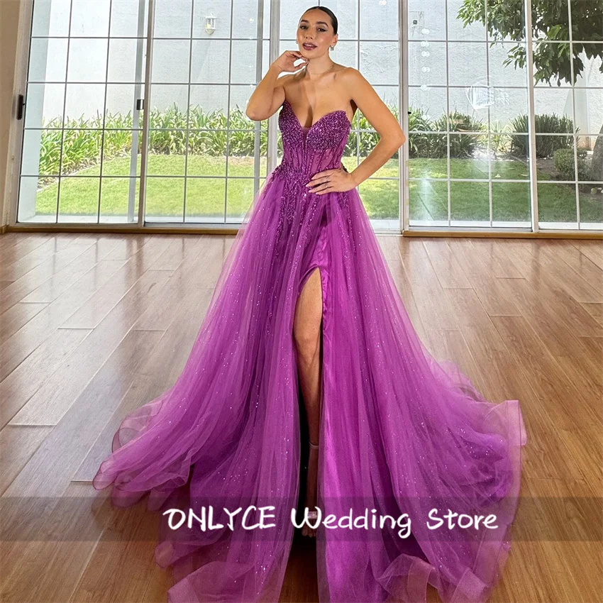 

Stunning Purple Evening Dress Corset Side Split Applique Bead Formal Party Dresses Prom Gowns Vestidos Robes De Soirée Customize