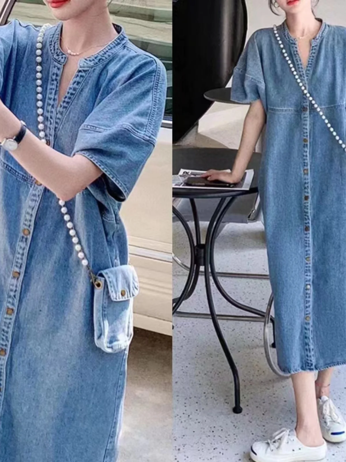 Retro Waed Denim Dr Stehkragen Casual Frühling Herbst Vintage Hohe Taille Baumwolle Polyester Mischung ort Sve V-ne