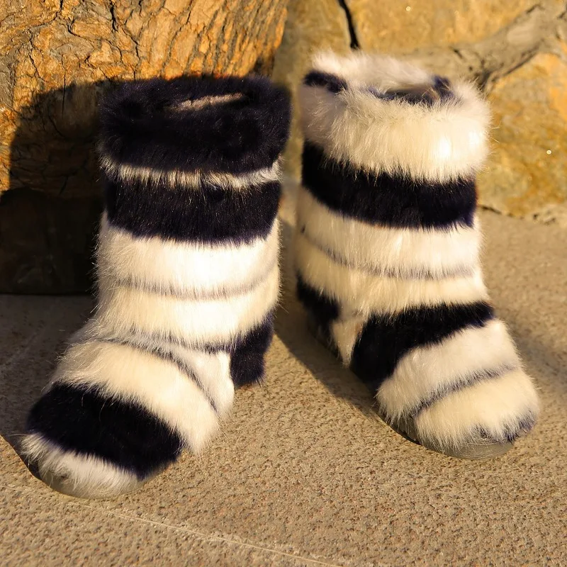 

Полосатые плюшевые зимние ботинки, новинка зимы 2021, с круглым носком, рукавами, мягкой подошвой, нескользящая износостойкая хлопковая обувь на плоской подошве