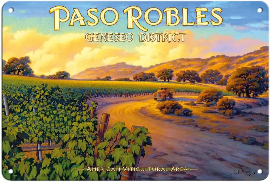 Paso Robles - Geneseo District - California Vineyards Wine Country Art by Kerne Erickson - 8 x 12 inch Vintage Metal Tin Sign