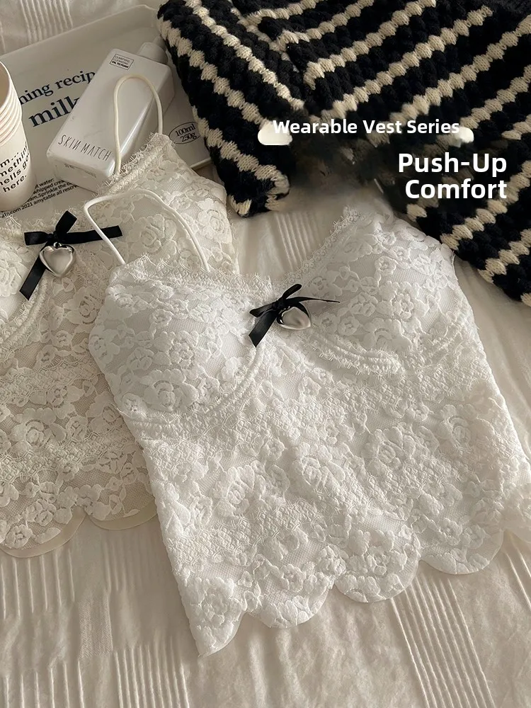 Spring Summer New Lace Strap Vest Women's Built-in Chest Pad  Knot outside Wear inside Match Base Beautiful Back Shirt