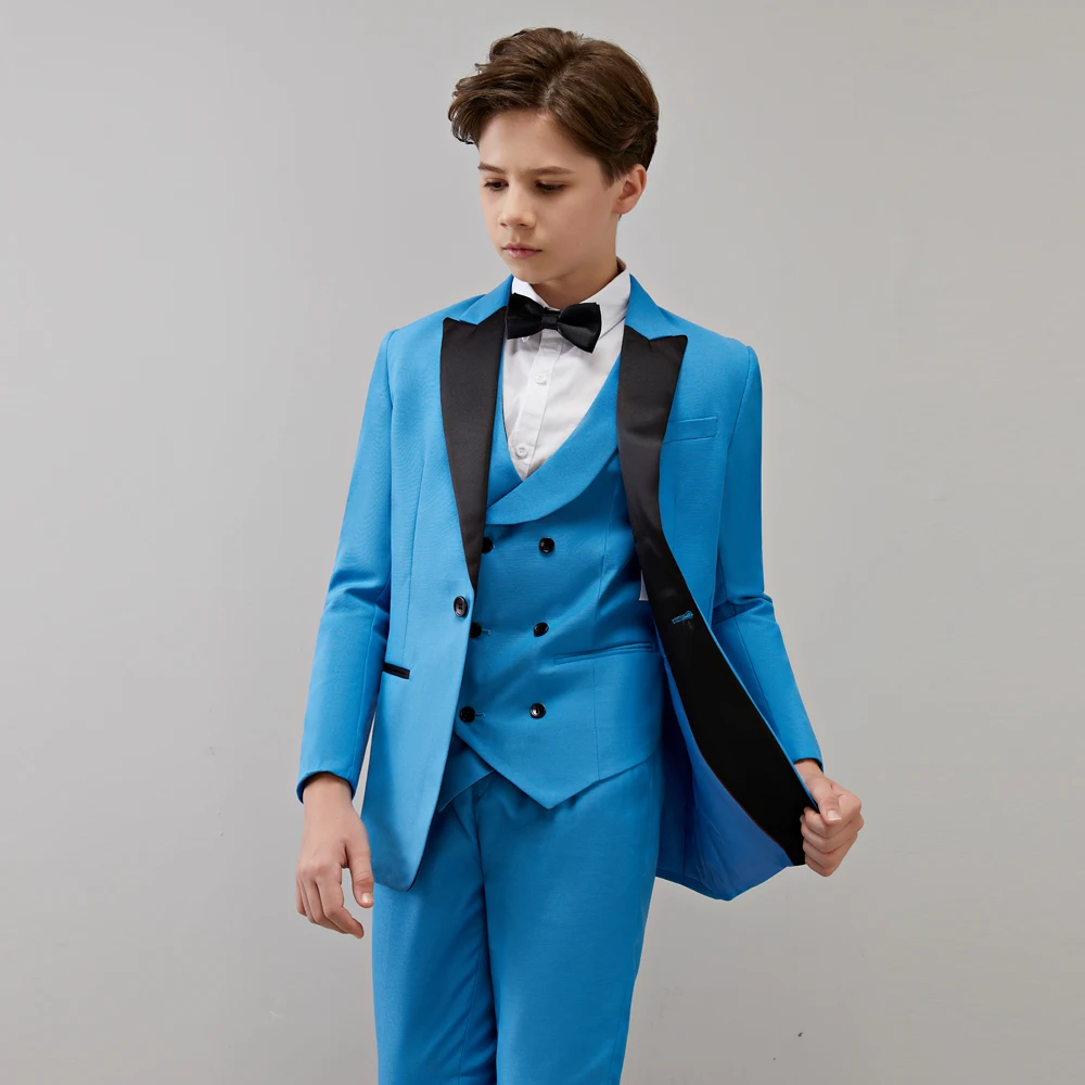 Boys Formal Suit Wedding Campus Student Tuxedo Dress Gentleman Kids Jacket Vest Pants 3Pcs Ceremony Costume  Blue