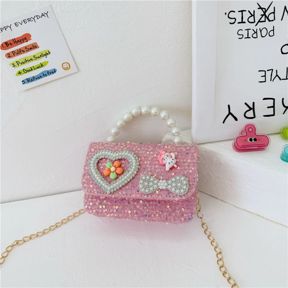 2024 Korean Style Pearl Kid\'s Handbag Lace Bow Princess Shoulder Messenger Bag Sequin Zero Wallet Pocket Pack