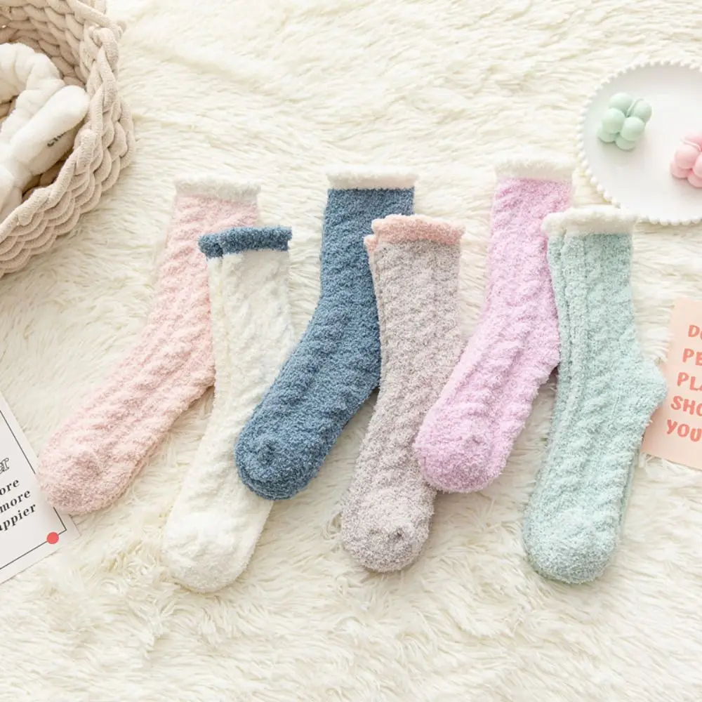 

6Pairs Fashion Plush Solid Fleece Socks Warm Thicken Coral Fleece Socks Soft Kawaii Sleeping Socks Women Fall Winter