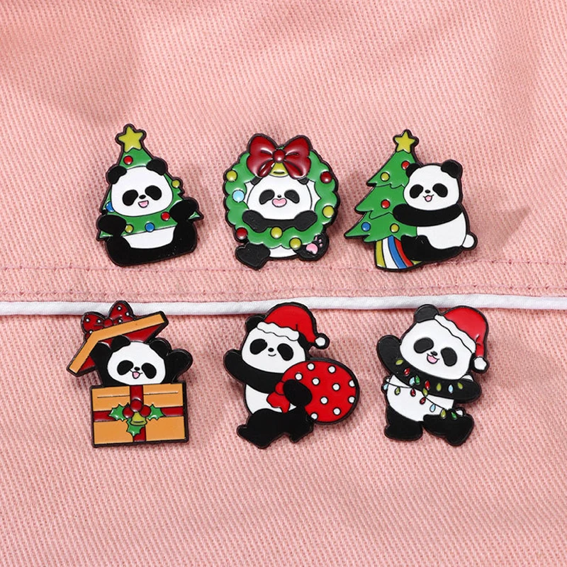 Cute Christma Panda Metal Brooch Christmas Tree Bow Wreath Rainbow Santa Hat Gift Bag Creative Panda Badge Punk Pin Jewelry Gift