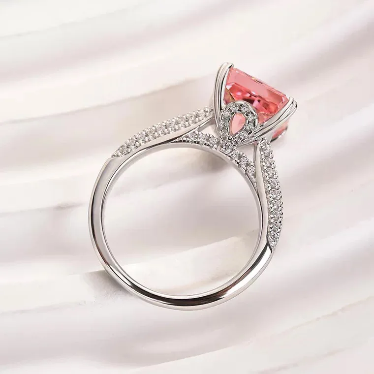 Xiaoyan 100% S925 Silver High Carbon Diamond 9 * 9mm Papalacha Powder Fashion Versatile Ring Ring Exquisite Jewelry