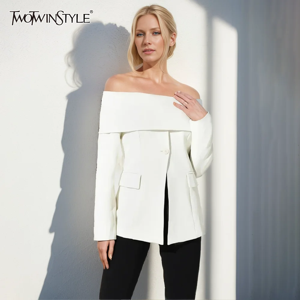 TWOTWINSTYLE Blazer minimalista con scollo a barchetta solido per le donne Blazer dritti a maniche lunghe con spalle scoperte abbigliamento