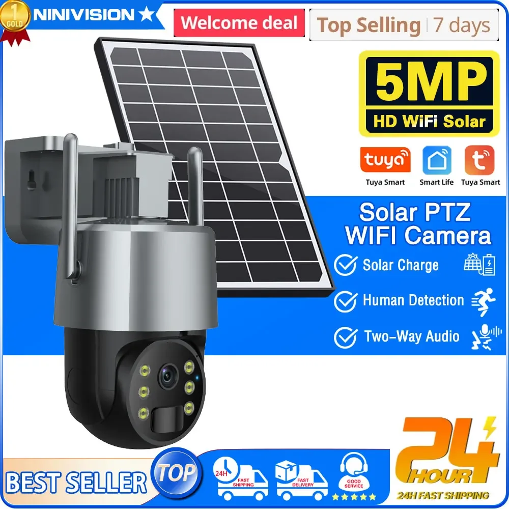 

5MP HD Smart Home WiFi Surveillance Solar Camera WIFI Battery Outdoor IP Camera PIR Motion 360 Wireless Security PTZ Camera Tuya